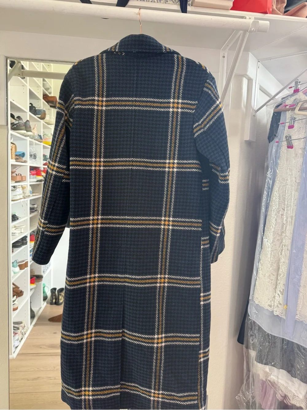 Garage Navy Plaid Double-Breasted Trench Coat with Cream Accents - Picture 6 of 6